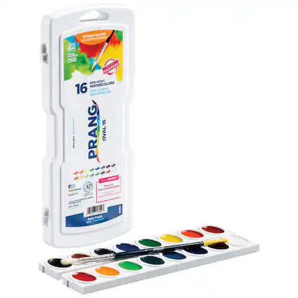 INTENSE COLORS COULEURS INTENSES
BRUSH INCLUDED PLIA COMPRIE
SEMI-MOIST WATERCOLORS 16 AQUARELLES SEMI-HUMIDES 16
PRANG OVAL 16
NON-TOXIC TOXIQUE NON
AP
PROPESE* 4 10 G