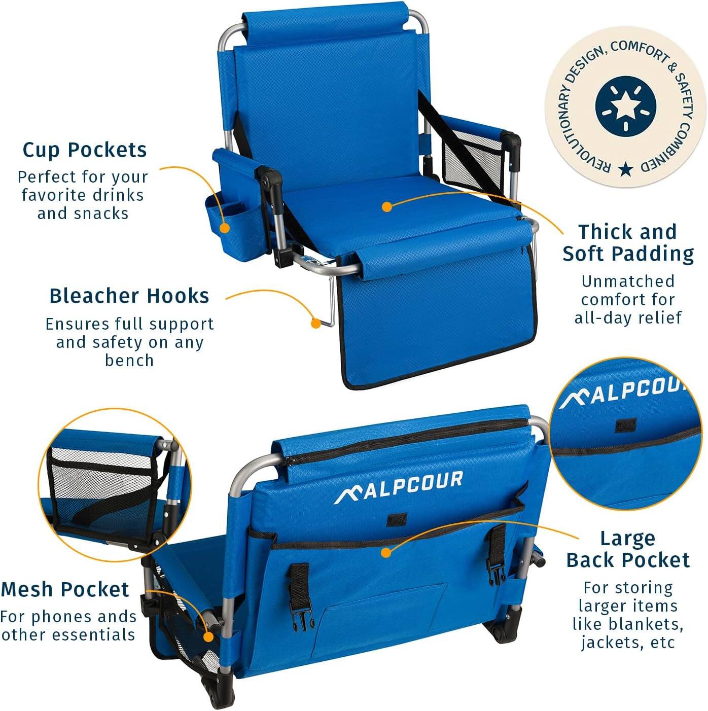 - Cup Pockets  
  Perfect for your favorite drinks and snacks

- Bleacher Hooks  
  Ensures full support and safety on any bench

- Thick and Soft Padding  
  Unmatched comfort for all-day relief

- Mesh Pocket  
  For phones and other essentials

- Large Back Pocket  
  For storing larger items like blankets, jackets, etc

- DESIGN, COMFORT & SAFETY REVOLUTIONARY COMBINED