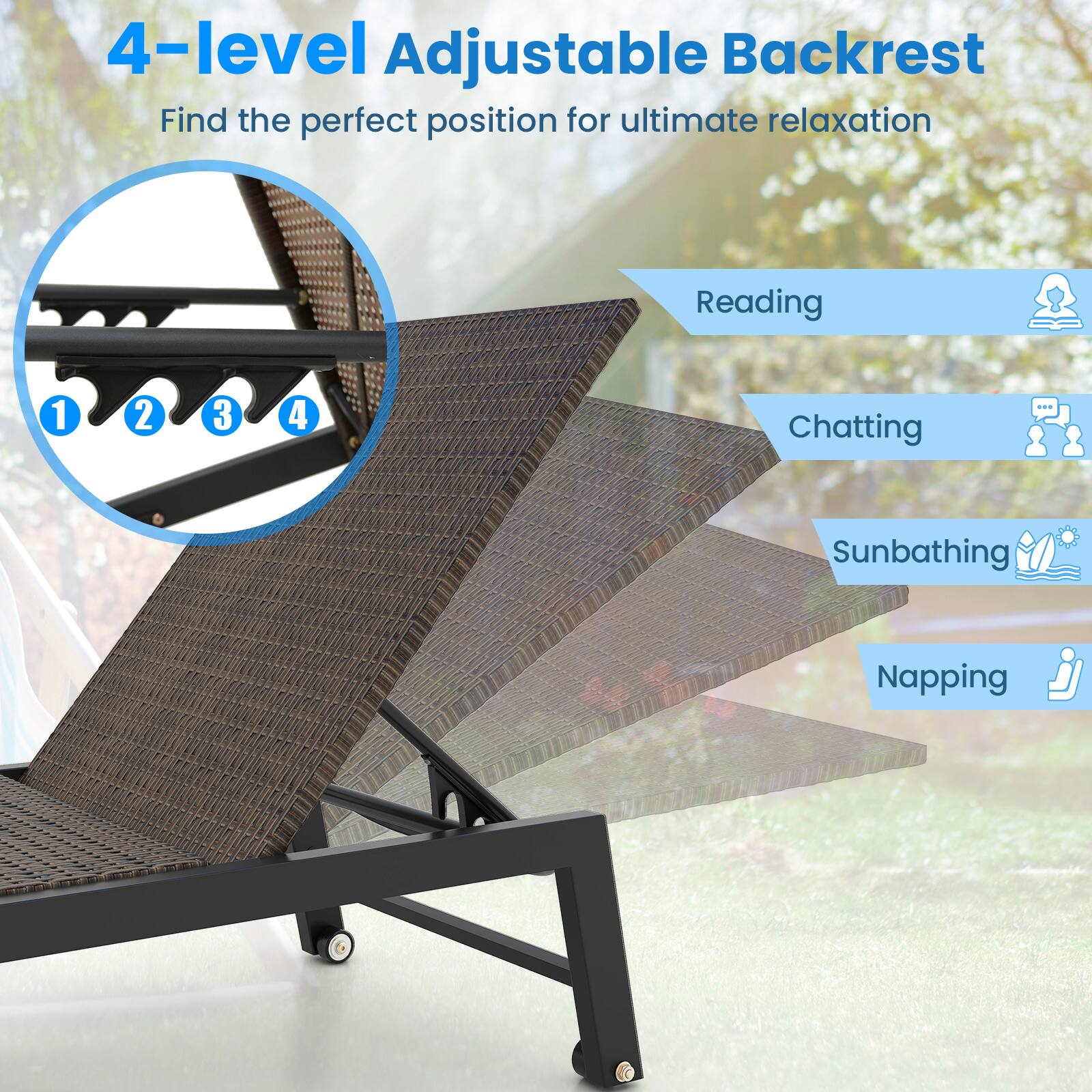 4-level Adjustable Backrest  
Find the perfect position for ultimate relaxation

1. Reading
2. Chatting
3. Sunbathing
4. Napping