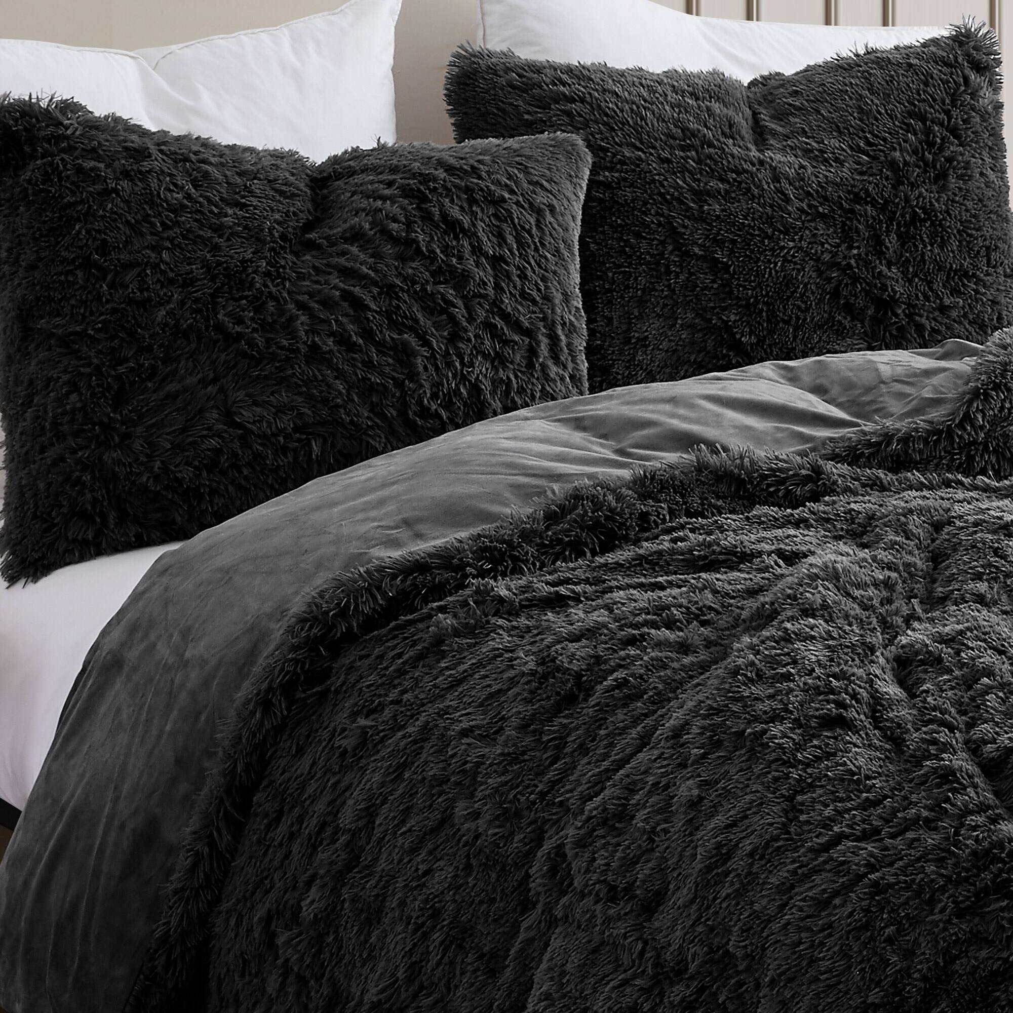 Back. Sweet Home Collection - 3 Piece Plush Shaggy Comforter  and Pillow Sham, Ultra Soft Faux Fur Decorative Bedding - Queen - Black.