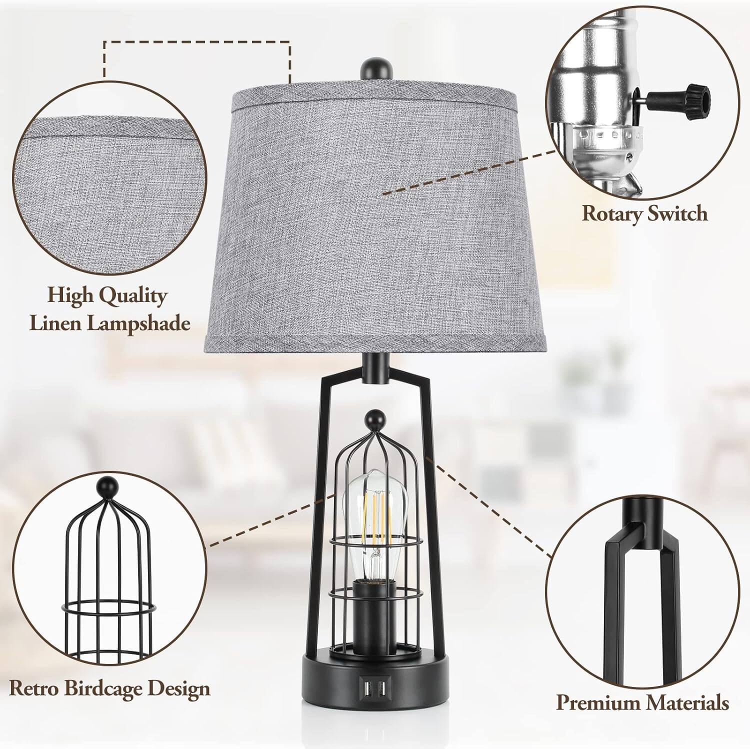 - High Quality Linen Lampshade
- Rotary Switch
- Retro Birdcage Design
- Premium Materials