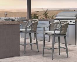PURPLE LEAF - Patio Counter Height Set of 2 Outdoor Rattan Chairs with Back Modern Aluminum Woven Barstools for Garden Indoor Kitchen - Light Grey-Counter Stool