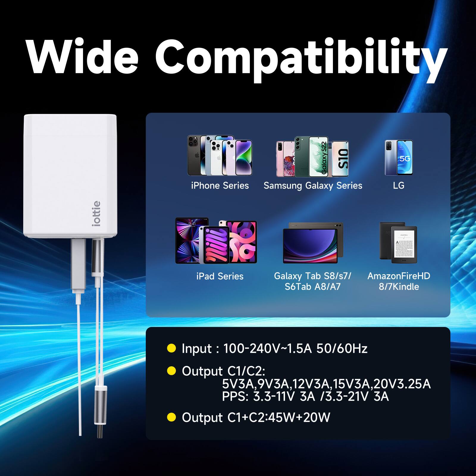 Wide Compatibility iottie Galaxy S22 S10 iPhone Series Samsung Galaxy Series 5G LG iPad Series Galaxy Tab S8/s7/ Amazon Fire HD S6Tab A8/A7 8/7 Kindle

Input: 100-240V~1.5A 50/60Hz

Output C1/C2: 5V3A, 9V3A, 12V3A, 15V3A, 20V3.25A

PPS: 3.3-11V A / 3.3-21V A

Output C1+C2: 45W+20W