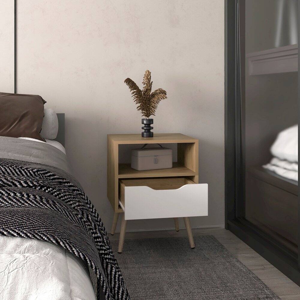 Alt View 4. TuHome - Wenden 21" High Nightstand, One Drawer, One Open Shelf, Natural Oak, White - Brown.
