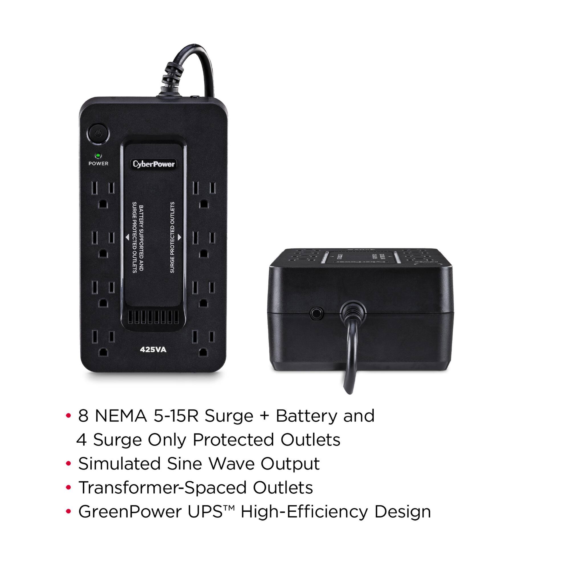 - 8 NEMA 5-15R Surge + Battery and 4 Surge Only Protected Outlets
- Simulated Sine Wave Output
- Transformer-Spaced Outlets
- GreenPower UPS™ High-Efficiency Design