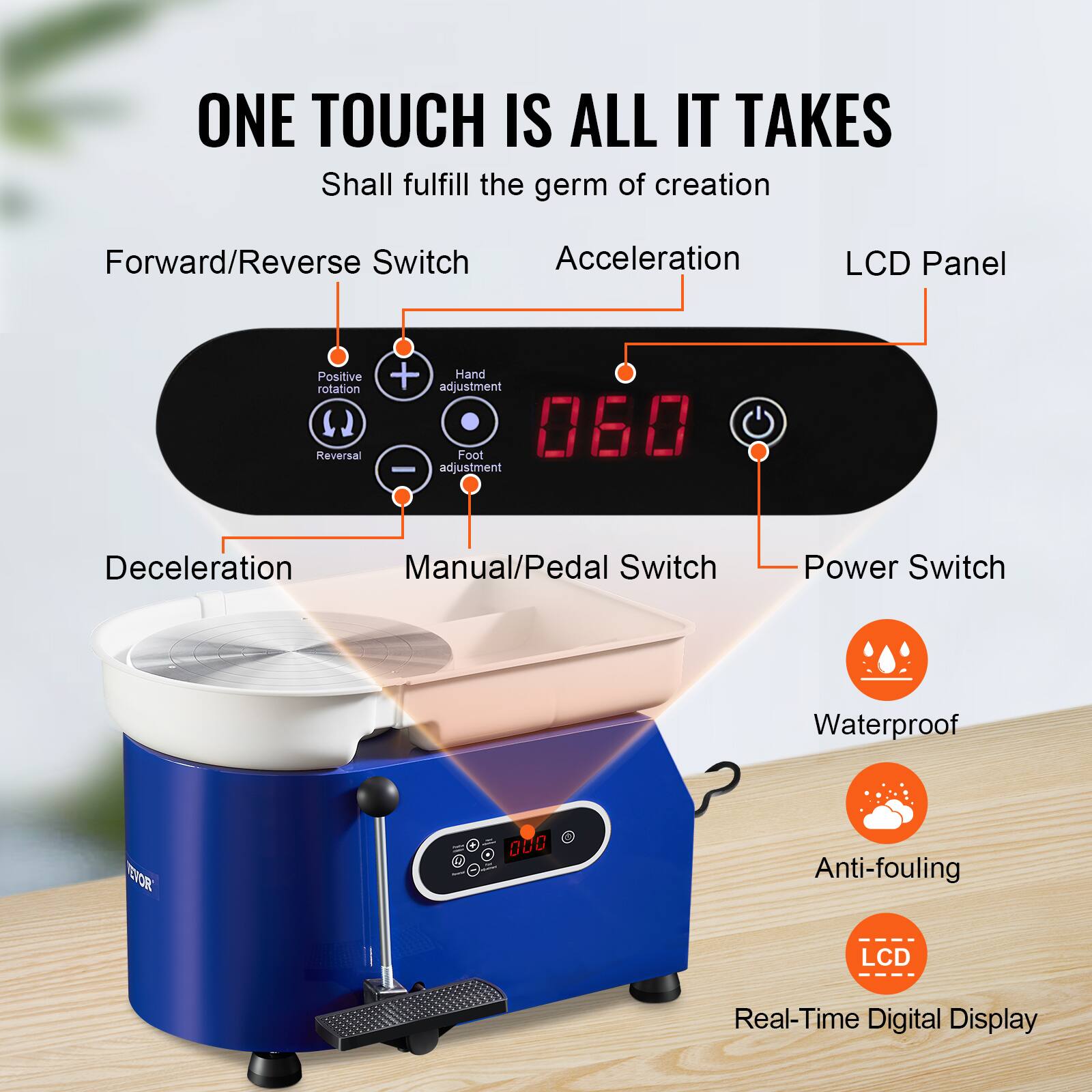ONE TOUCH IS ALL IT TAKES Shall fulfill the germ of creation Forward/Reverse Switch Acceleration LCD Panel Positive rotation Reversal Hand adjustment Foot adjustment Deceleration Manual/Pedal Switch Power Switch Waterproof Anti-fouling LCD Real-Time Digital Display
