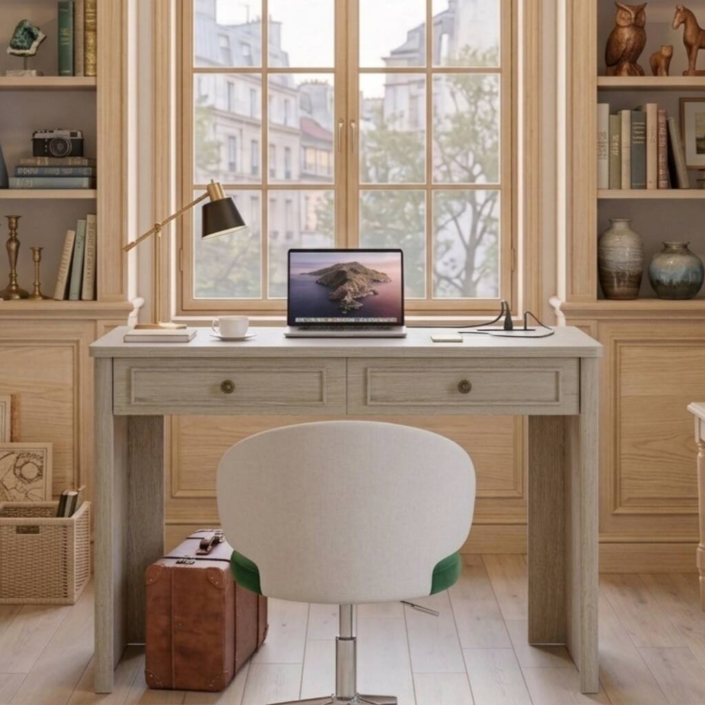 Bestier - 40 Inch Office Desk with Power Outlet Charging Station 2 Drawers Small Computer Writing Table - Sunlit Oak