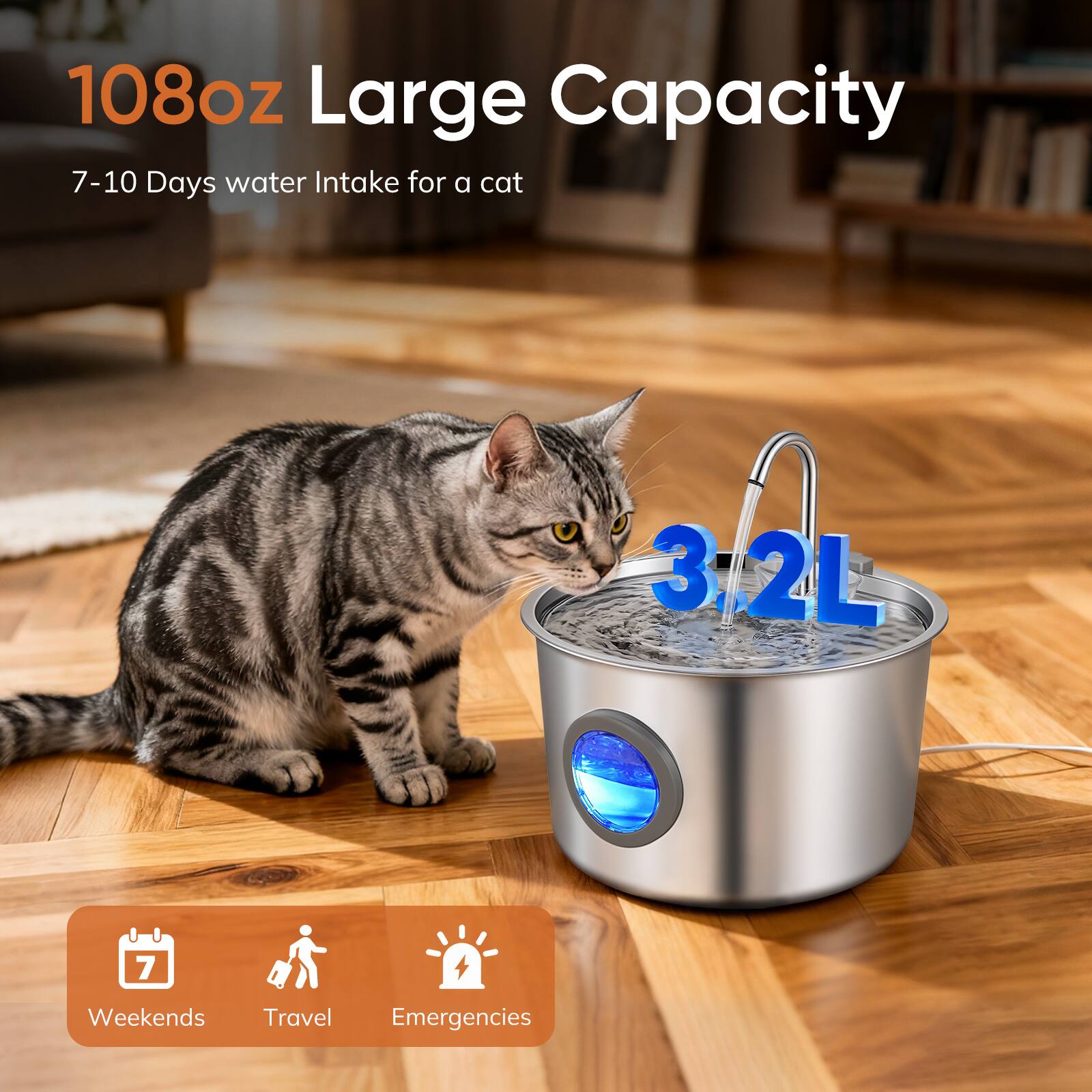 108oz Large Capacity  
7-10 Days water Intake for a cat  
3.2L  
Weekends, Travel, Emergencies
