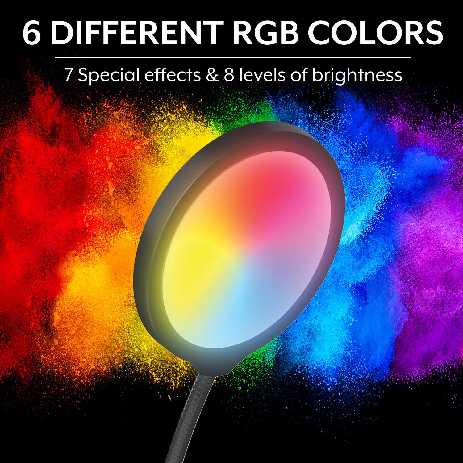 6 DIFFERENT RGB COLORS  
7 Special effects & 8 levels of brightness