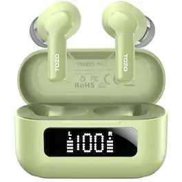 TOZO - NC3 Wireless Earbuds, Bluetooth 5.3, 6-Mic Noise Cancel, 55H Playtime, 32-EQ App, Stereo Bass, IPX8 Waterproof - Light Green