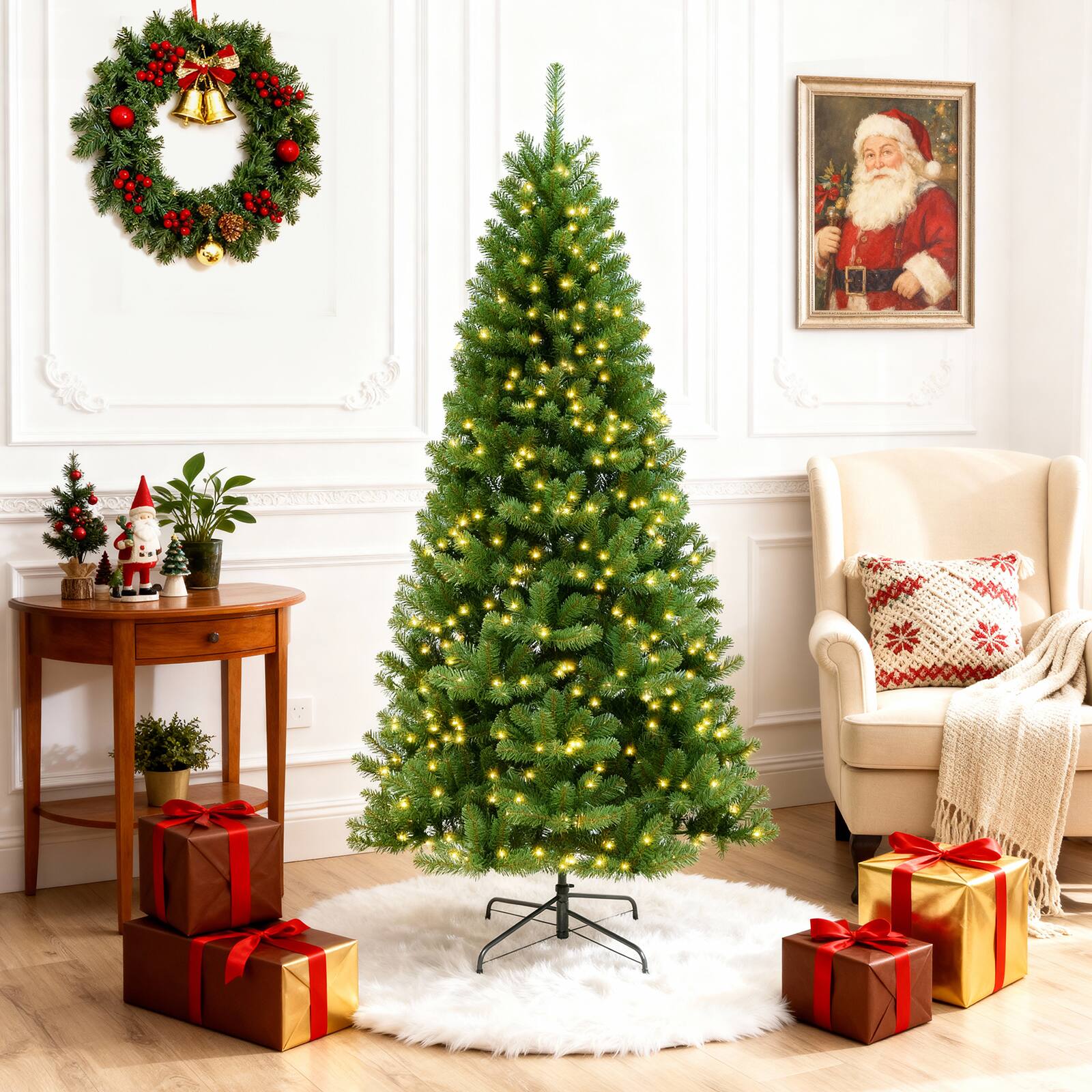 Aukfa - 7.5FT Pre-lit Artificial Christmas Tree - Dual Color Lights, 10 Lighting Effects, Foldable Design with Stand - G0