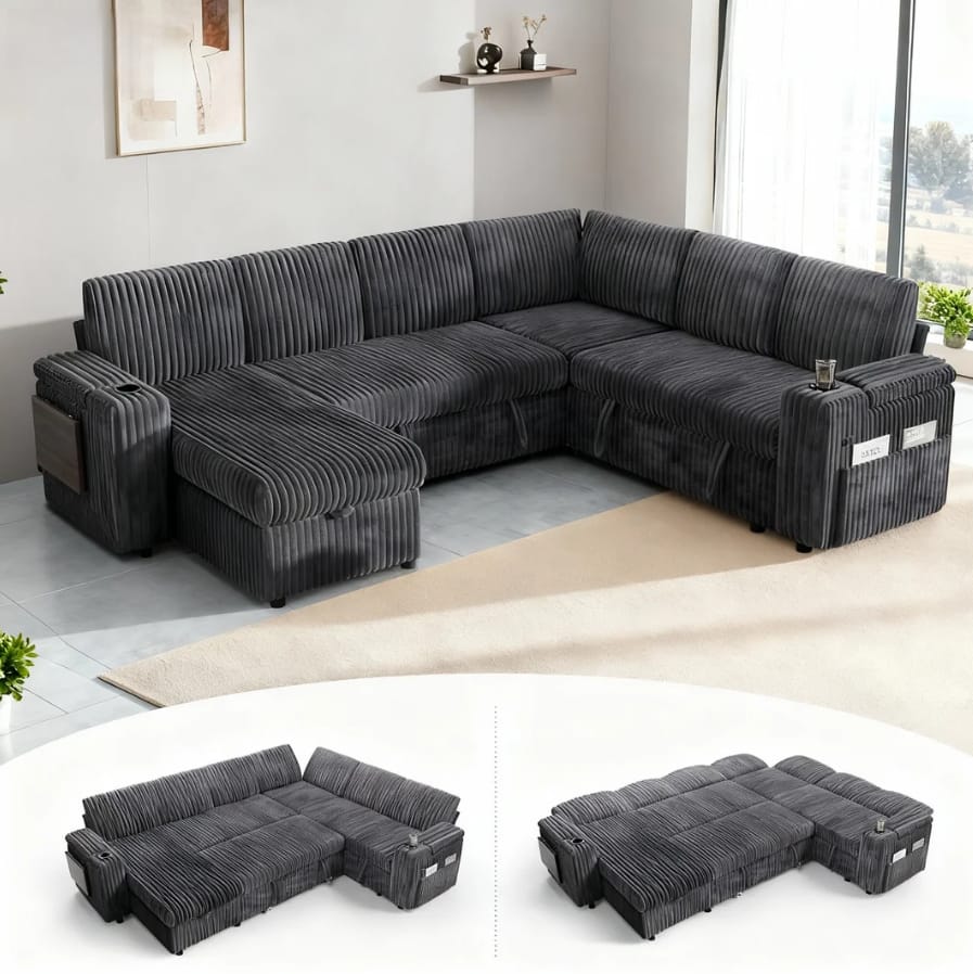 Front. Dyonery - 110" Modular 7 Seat L Shaped Couch with Reclining Backrest|USB Ports|Cup Holders|Side Table|Storage Chaise Armrests - Grey.