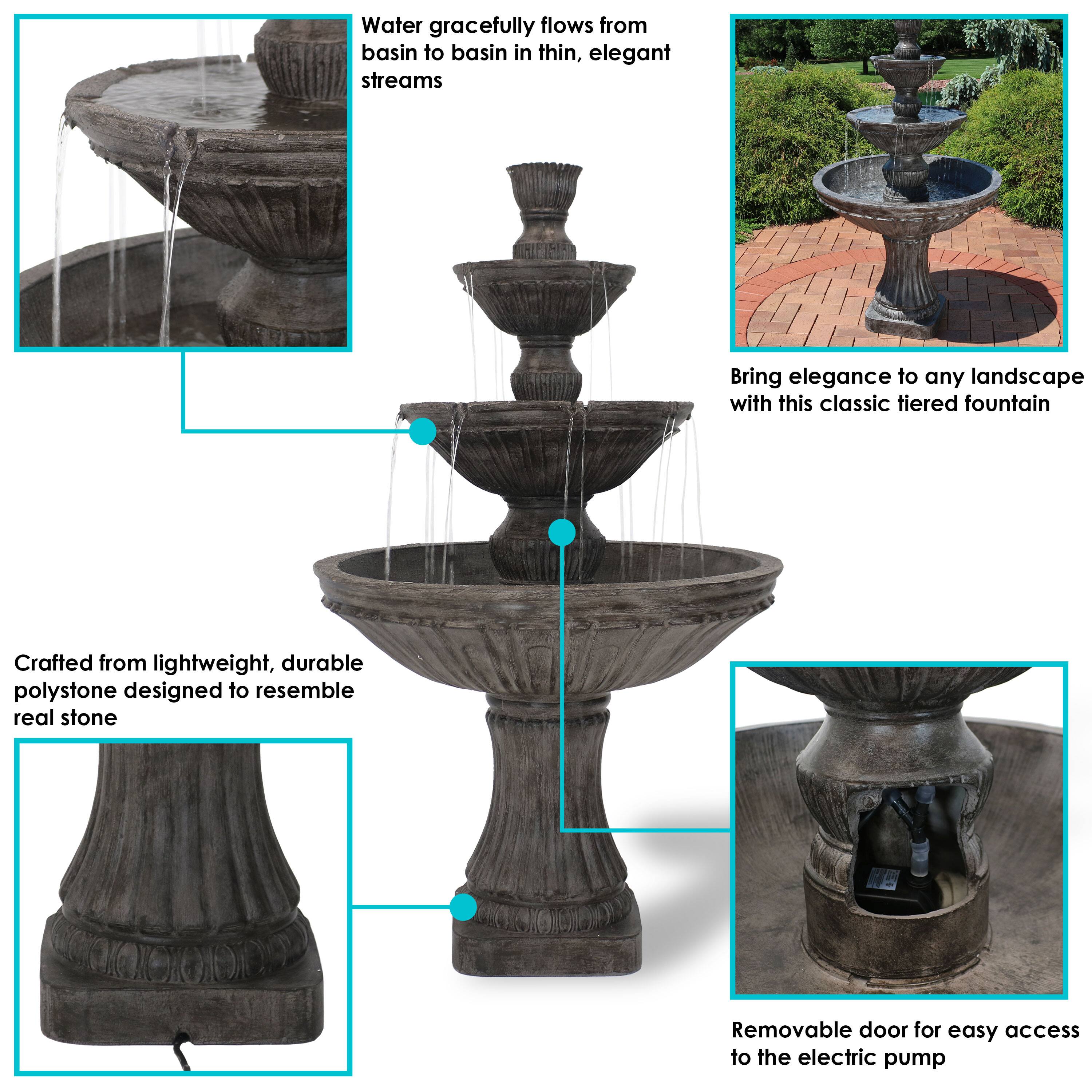 - Water gracefully flows from basin to basin in thin, elegant streams
- Bring elegance to any landscape with this classic tiered fountain
- Crafted from lightweight, durable polystone designed to resemble real stone
- Removable door for easy access to the electric pump