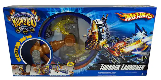 Sure, here is the corrected and grouped text from the image:
---
**RUMBLERS**
Lights Sounds Action
**Hot Wheels**
**THUNDER LAUNCHER**
**INCLUDES:**
- Decorated Rumbler™ vehicle
- Thunder Launcher™
- 1 AA battery
**FEATURES:**
- Easy Assembly
- Blast out and explode the tower!
- Thunder Launcher™
**INSTRUCTIONS:**
1. Load Rumbler™
2. Rev the crank
3. Blast out and explode the tower!
**INCLUDES DECORATED RUMBLER™ VEHICLE:**
- Rumbler™ vehicle
- Thunder Launcher™
**INCLUDES THUNDER LAUNCHER™:**
- Thunder Launcher™
- 1 AA battery
**AGES:**
4+
**WARNING:**
- CHOKING HAZARD - Small parts. Not for children under 3 years.
**EASY TO ASSEMBLE!**
**Blast out and explode the tower!**
**Thunder Launcher™**
**Hot Wheels**
---