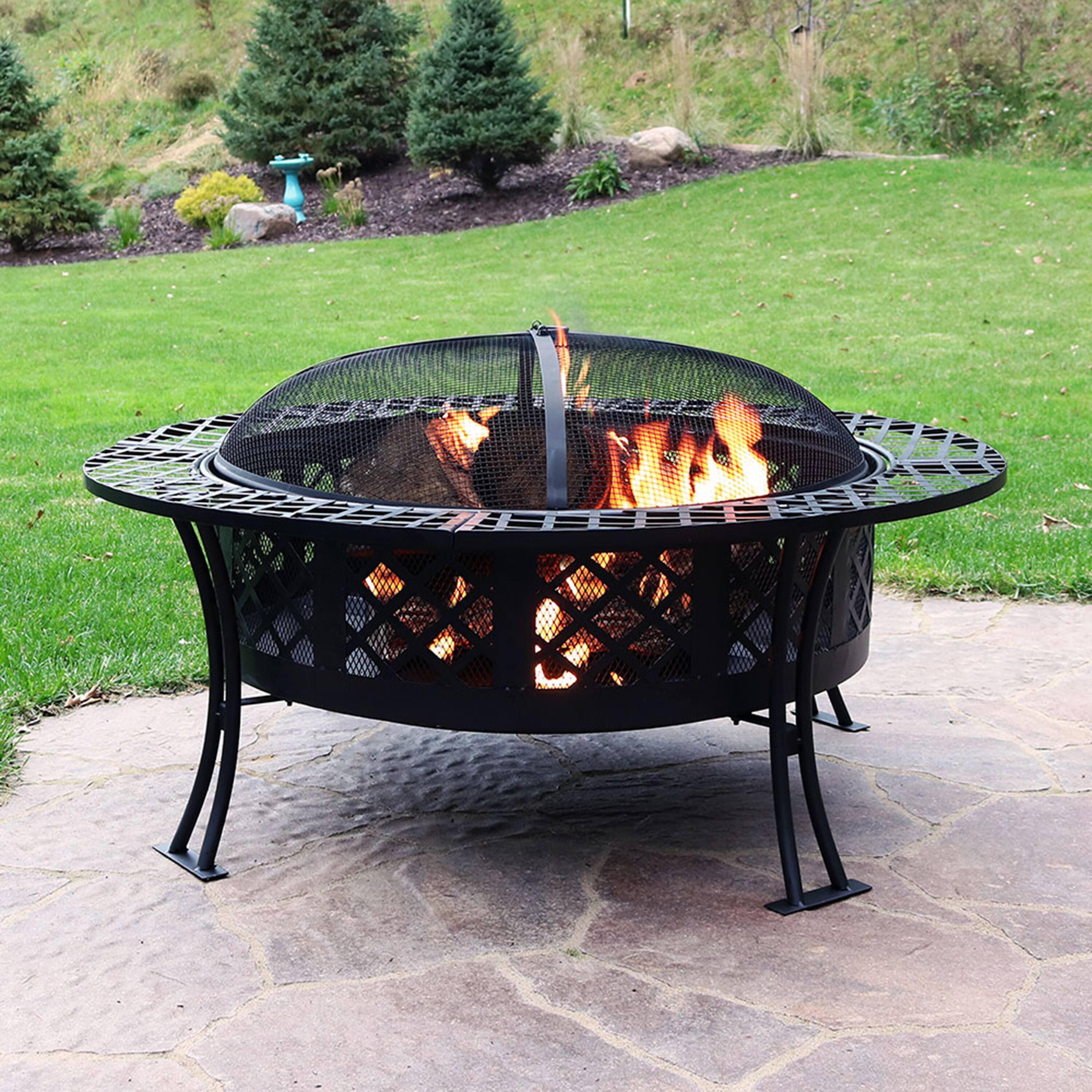 Alt View 1. Sunnydaze - 40 in Diamond Weave Steel Fire Pit with Spark Screen and Poker - Black.