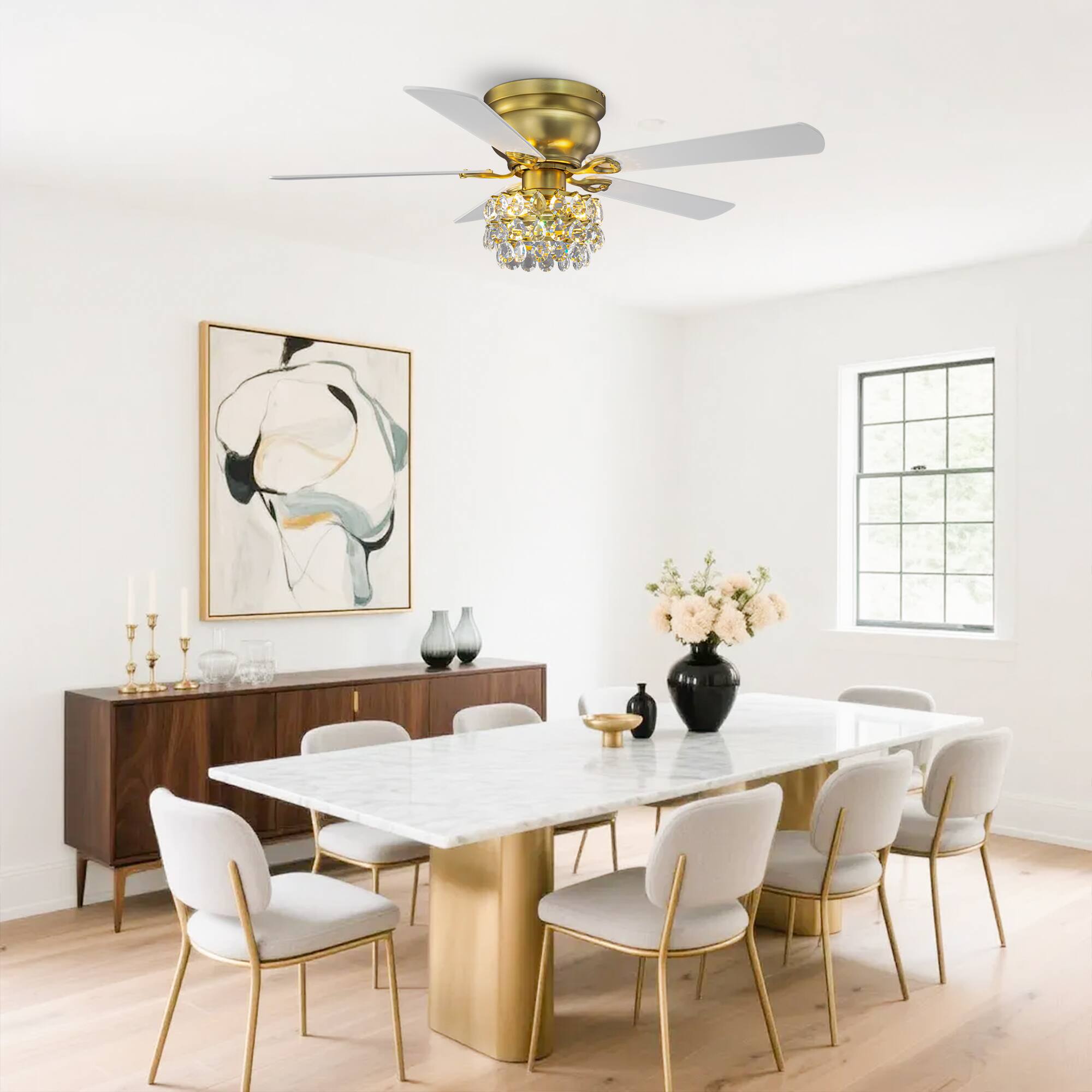 Left. Parrot Uncle - 48" Modern Crystal Low Profile Ceiling Fan with Light Kit and Remote - Modern Brass.