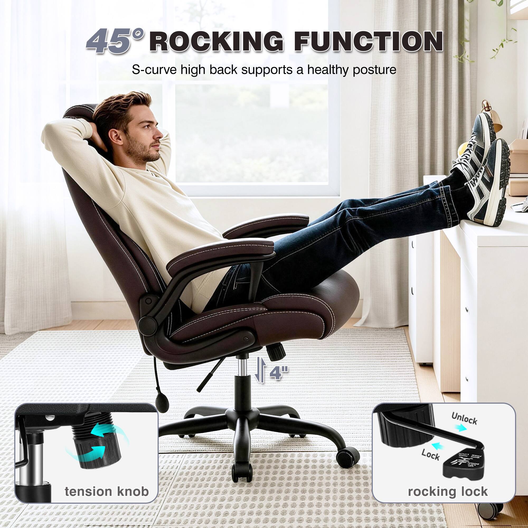 45° ROCKING FUNCTION  
S-curve high back supports a healthy posture

tension knob

rocking lock