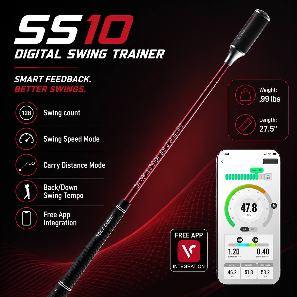 SS10 DIGITAL SWING TRAINER  
SMART FEEDBACK. BETTER SWINGS.  

128 Swing count  
Swing Speed Mode  
Carry Distance Mode  
Back/Down Swing Tempo  
Free App Integration  

Weight: .99 lbs  
Length: 27.5"  

CADDIE VOICE FREE APP INTEGRATION  

- 46.2  
- 51.8  
- 53.2
