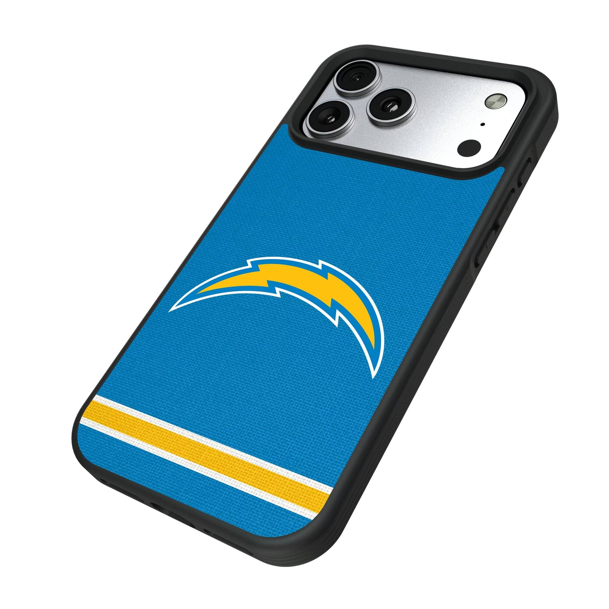 Alt View 1. Keyscaper - Los Angeles Chargers iPhone Stripe Design Bump Case - 13 mini - Multicolor.