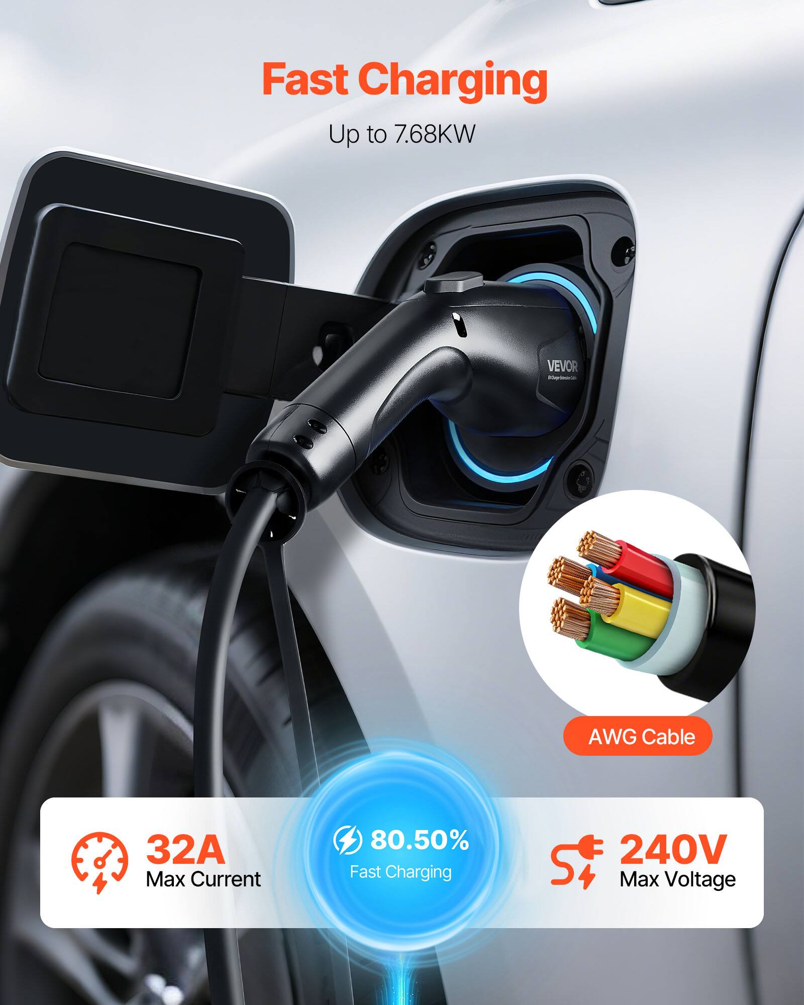 Fast Charging  
Up to 7.68KW  

VEVOR - AWG Cable  
32A Max Current  
80.50% Fast Charging  
240V Max Voltage