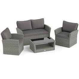 Costway - 4 PCS Patio Furniture Set with 2 Rattan Chairs Loveseat Coffee Table Cushions - Gray