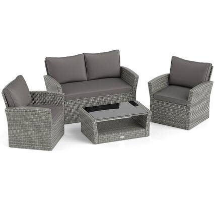 Front. Costway - Costway 4 PCS Patio Furniture Set with 2 Rattan Chairs Loveseat Coffee Table Cushions - Gray.