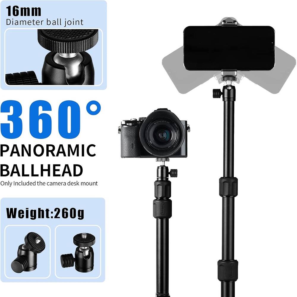 16mm Diameter ball joint

360° PANORAMIC BALLHEAD

Only included the camera desk mount

Weight: 260g
