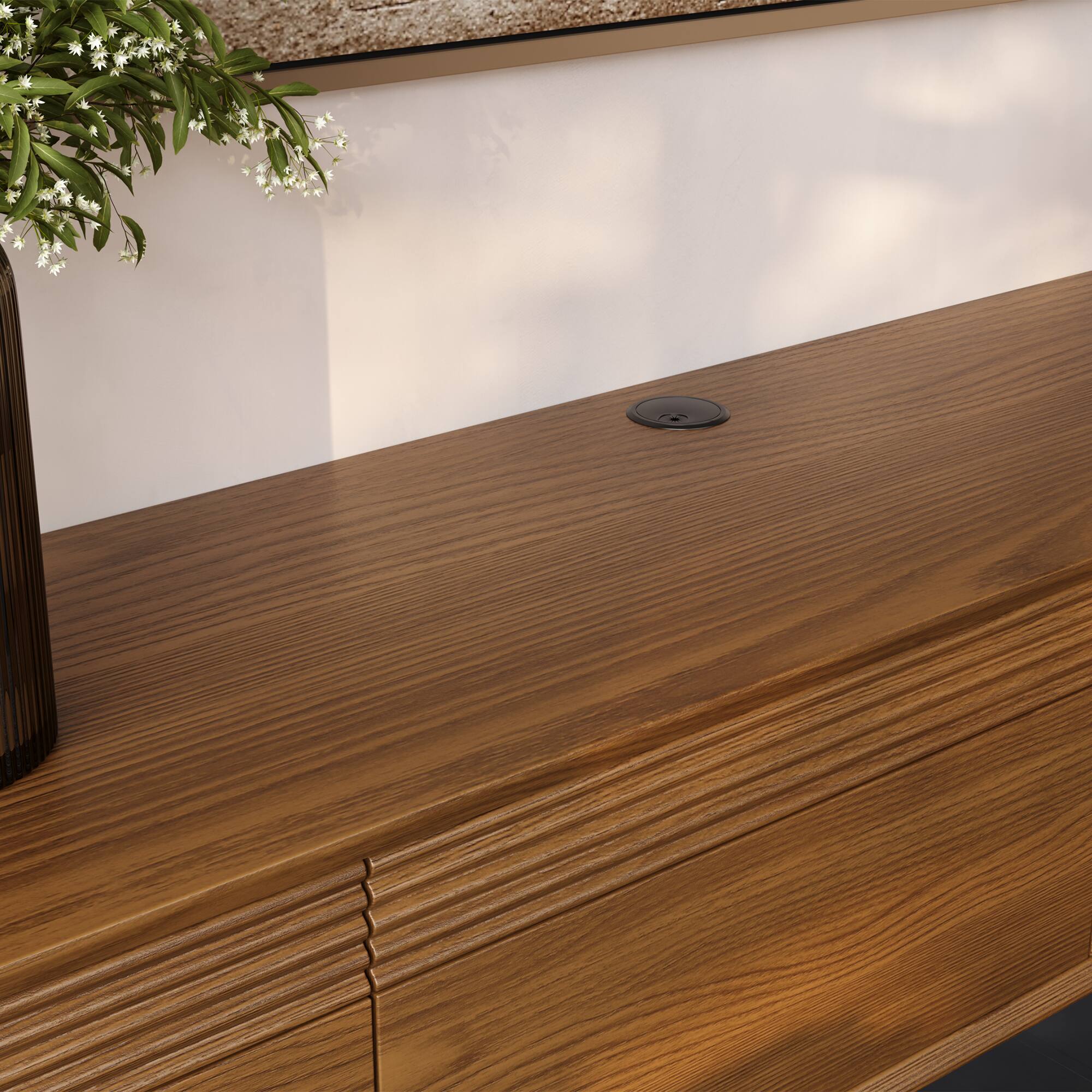 Back. POVISON - 95" Mid-Century Floating TV Stand with Adjustable LED Lights for Living Room, Wall Mount TV Console for 85-Inch TVs - Walnut Color.
