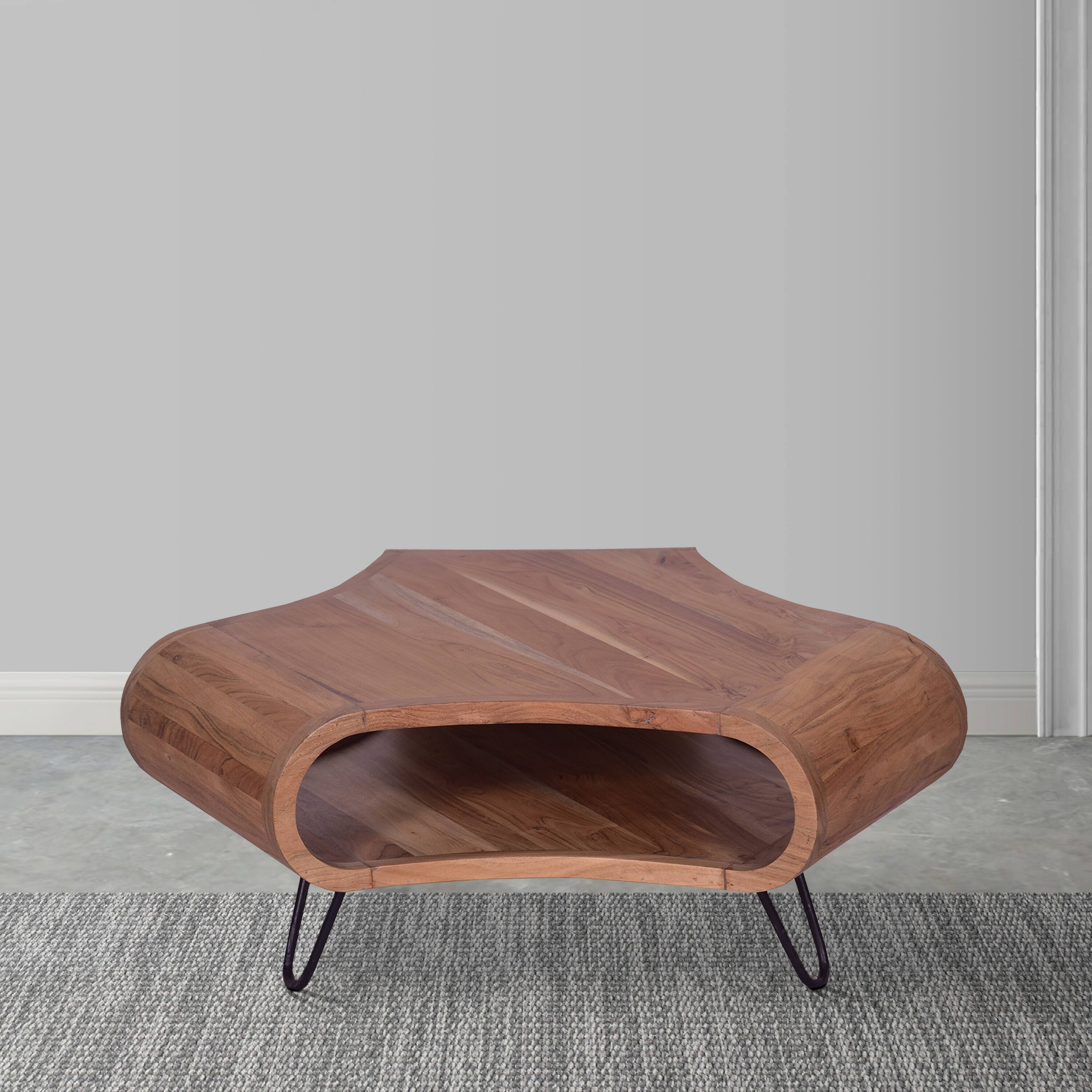 Alt View 4. Manhattan Lane - 37 Inch Coffee Table, Handcrafted Curved Hexagon Shape with Open Shelf, Natural Brown Acacia Wood, Iron Legs - Brown, Black.
