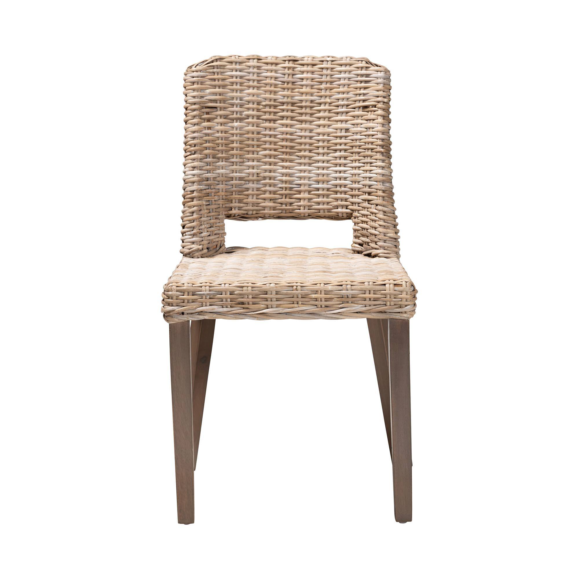 Angle. bali & pari - Magy Modern Bohemian Rattan and Finished Wood Dining Chair - White/Natural Brown.