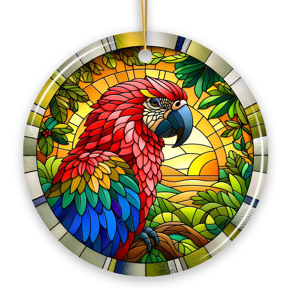 Front. OrnamentallyYou - Feathered Friends Adventure Parrot Stained Glass Style Ceramic Ornament Safari Christmas Gift - Multi-colored.