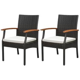 Costway - 2PCS Patio PE Wicker Chairs Acacia Wood Armrests with Soft Zippered Cushion Balcony - Mix Brown,White