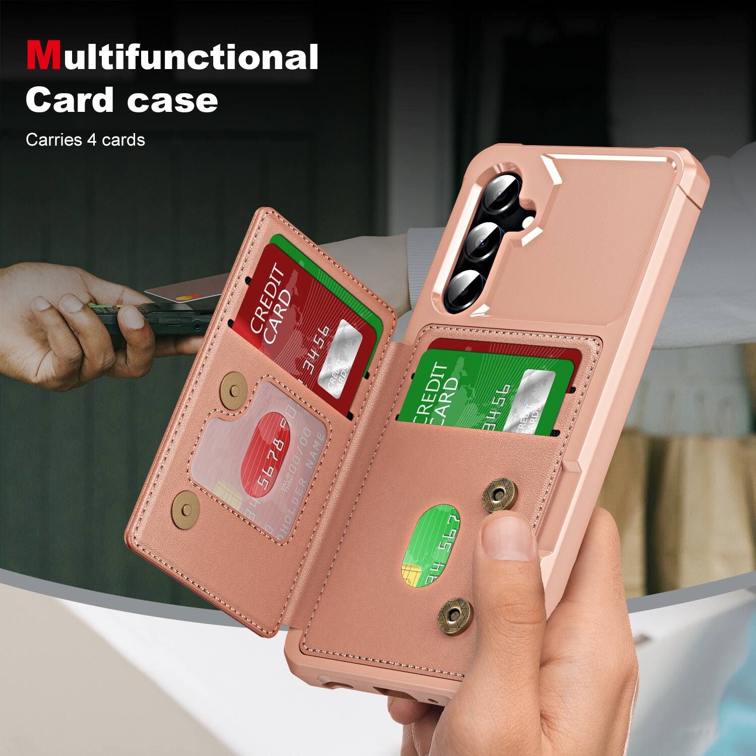 Multifunctional Card case  
Carries 4 cards  

CREDIT CARD  
3456 90 5678 78 00/00  
NAME 56  
HOLDER 70HO  

CREDIT CARD  
567  
2P CREDIT RDS