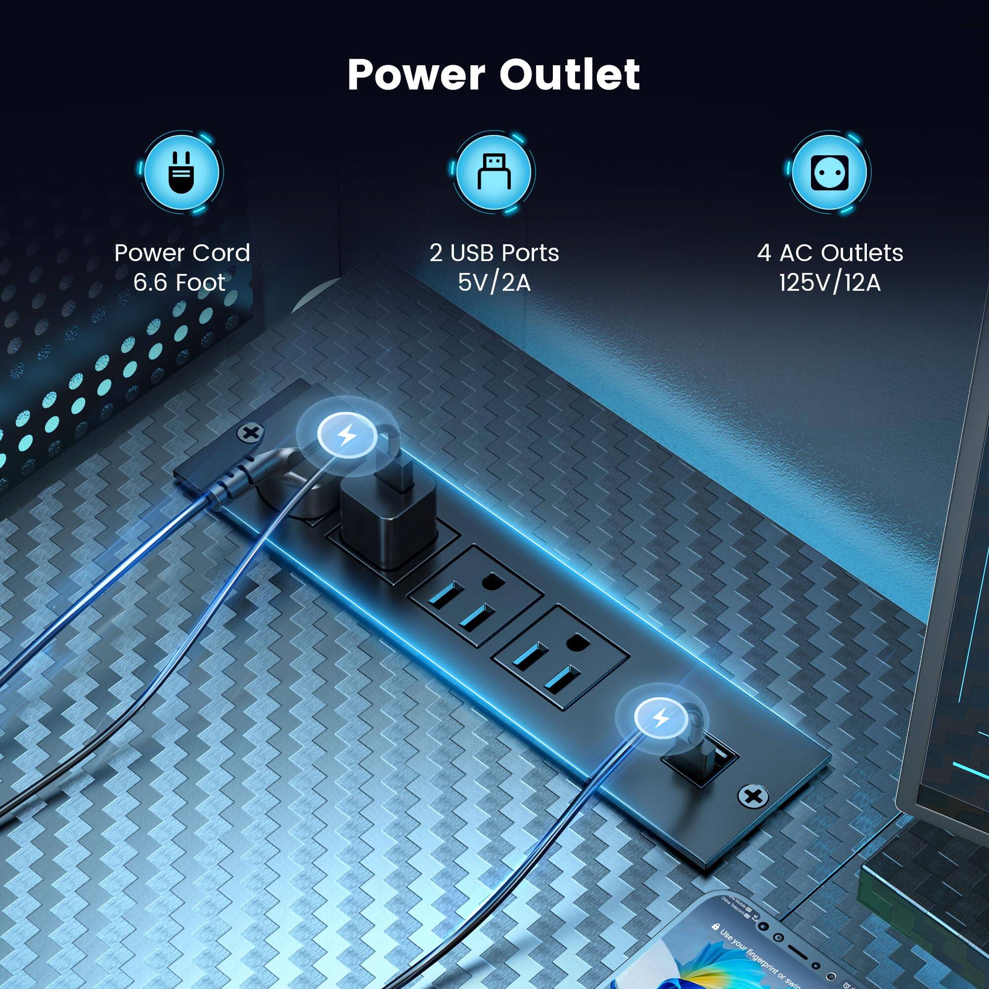 Power Outlet  
- Power Cord: 6.6 Foot  
- 2 USB Ports: 5V/2A  
- 4 AC Outlets: 125V/12A