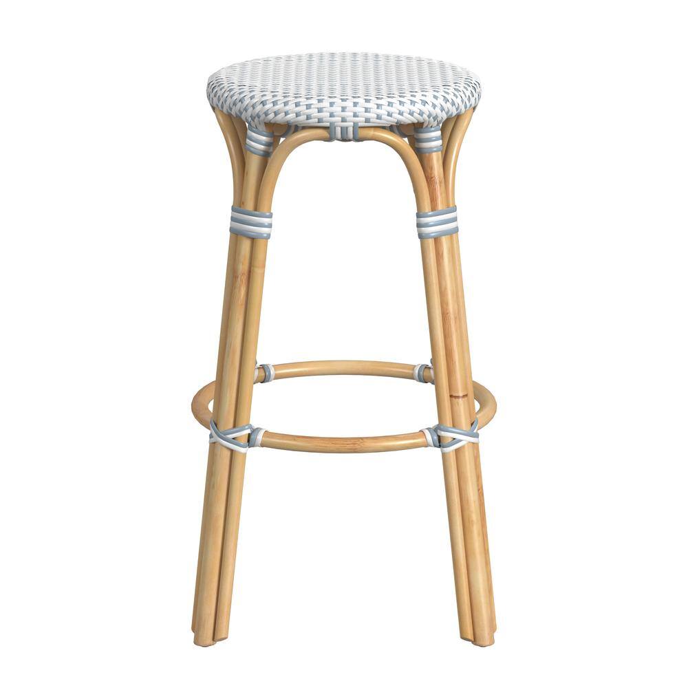 Alt View 3. Butler Specialty - Tobias Round Rattan 30" Bar Stool, White and Sky Blue Dot - White And Sky Blue Dot.