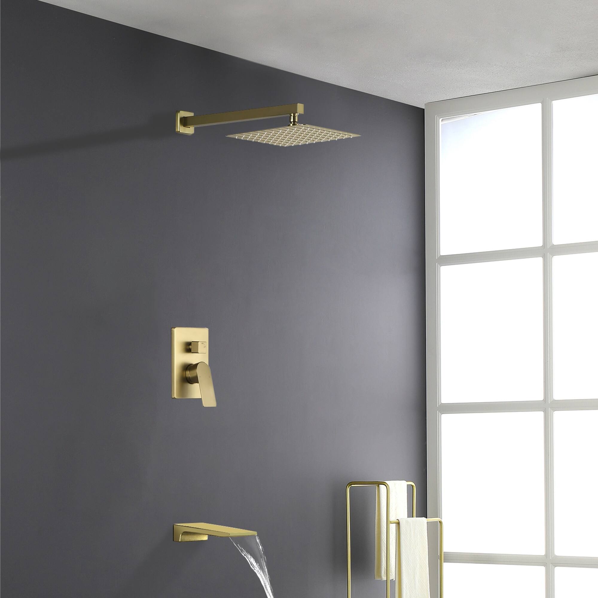 Alt View 3. Boyel Living - Brushed Gold 10-Inch Rain Shower System Brass SUS304 2-Function Valve Waterfall Spout cUPC - Brushed Gold.