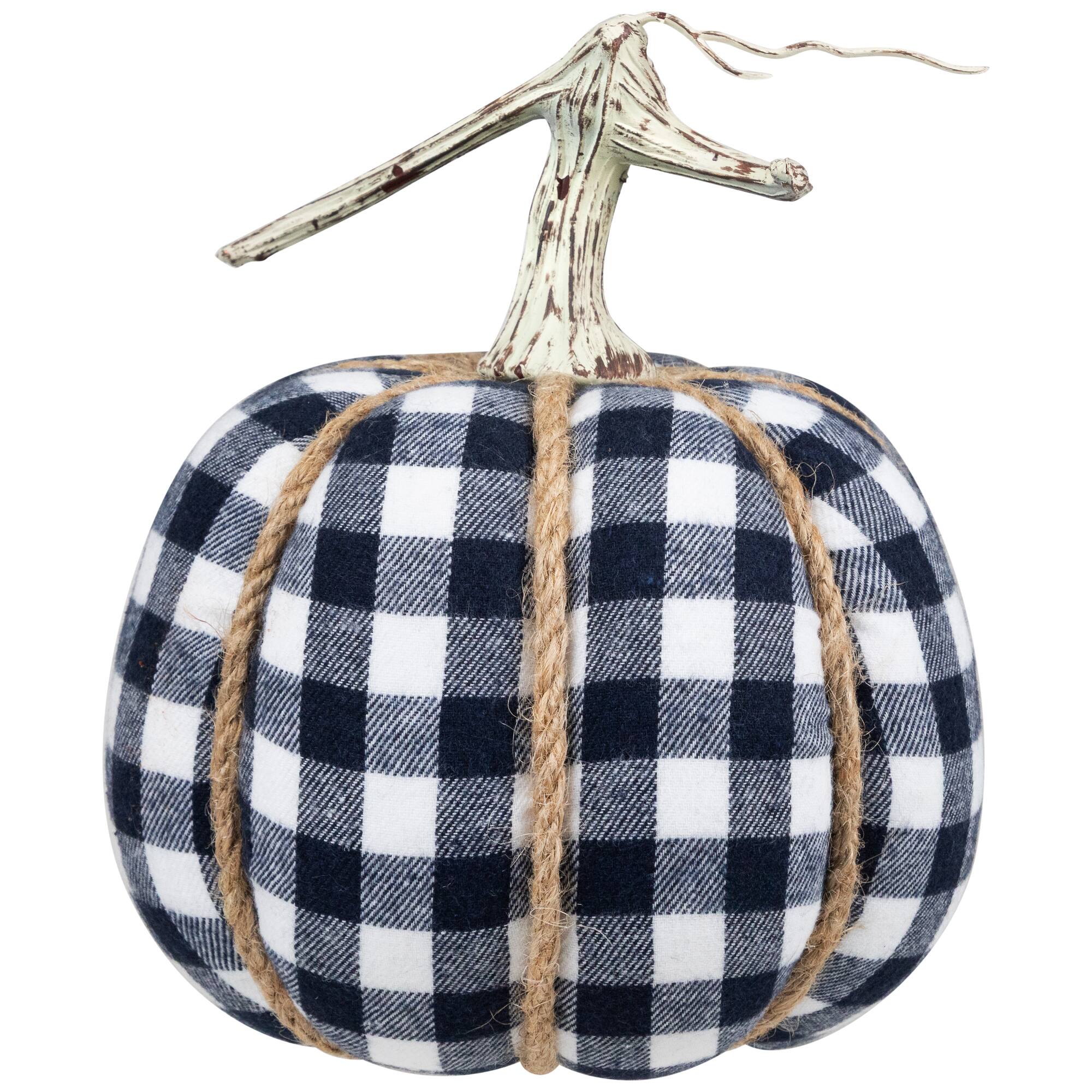 Alt View 1. Northlight - Buffalo Plaid Fall Harvest Pumpkin with Weathered Stem - 7.75" - Blue - Blue.