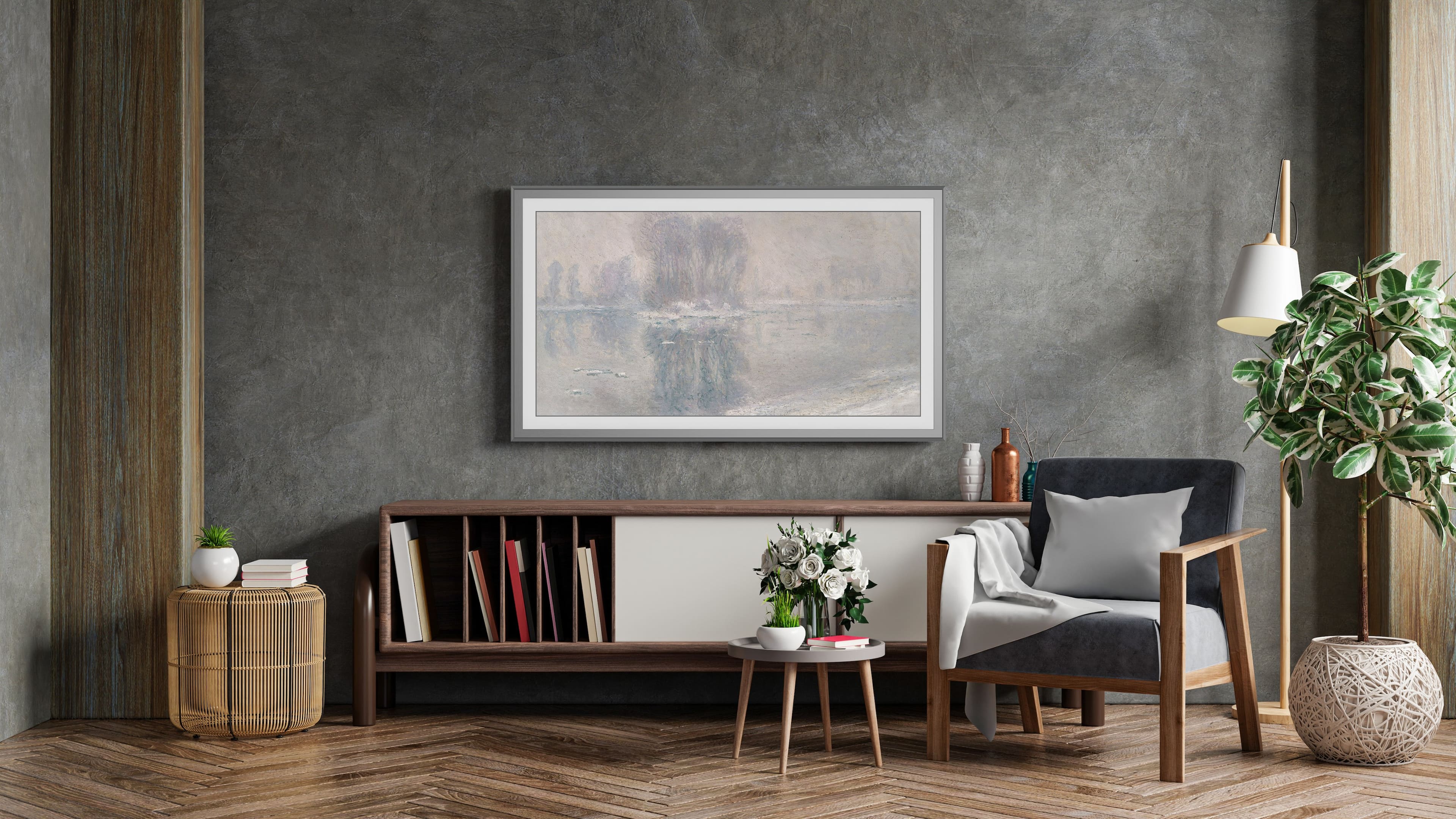 Angle. Deco TV Frames - Alloy Scoop Bezel for Samsung The Frame and Frame Pro TV - 55" - Graphite.