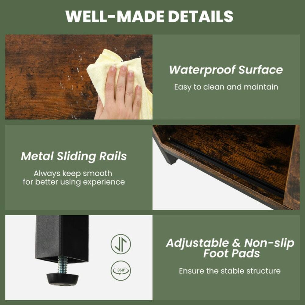 WELL-MADE DETAILS

- Waterproof Surface
  - Easy to clean and maintain

- Metal Sliding Rails
  - Always keep smooth for better using experience

- Adjustable & Non-slip Foot Pads
  - Ensure the stable structure