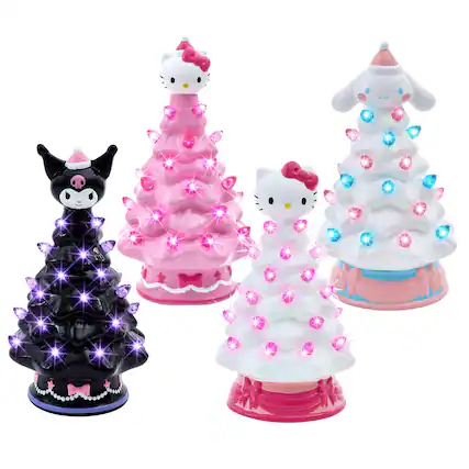 Front. Ukonic - Sanrio Characters Light-Up Ceramic Christmas Tree Set Of 4 - Black, Pink, White.