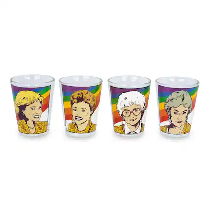 Front. Silver Buffalo - The Golden Girls Rainbow 1.5-Ounce Mini Glasses | Set of 4 - Gold.