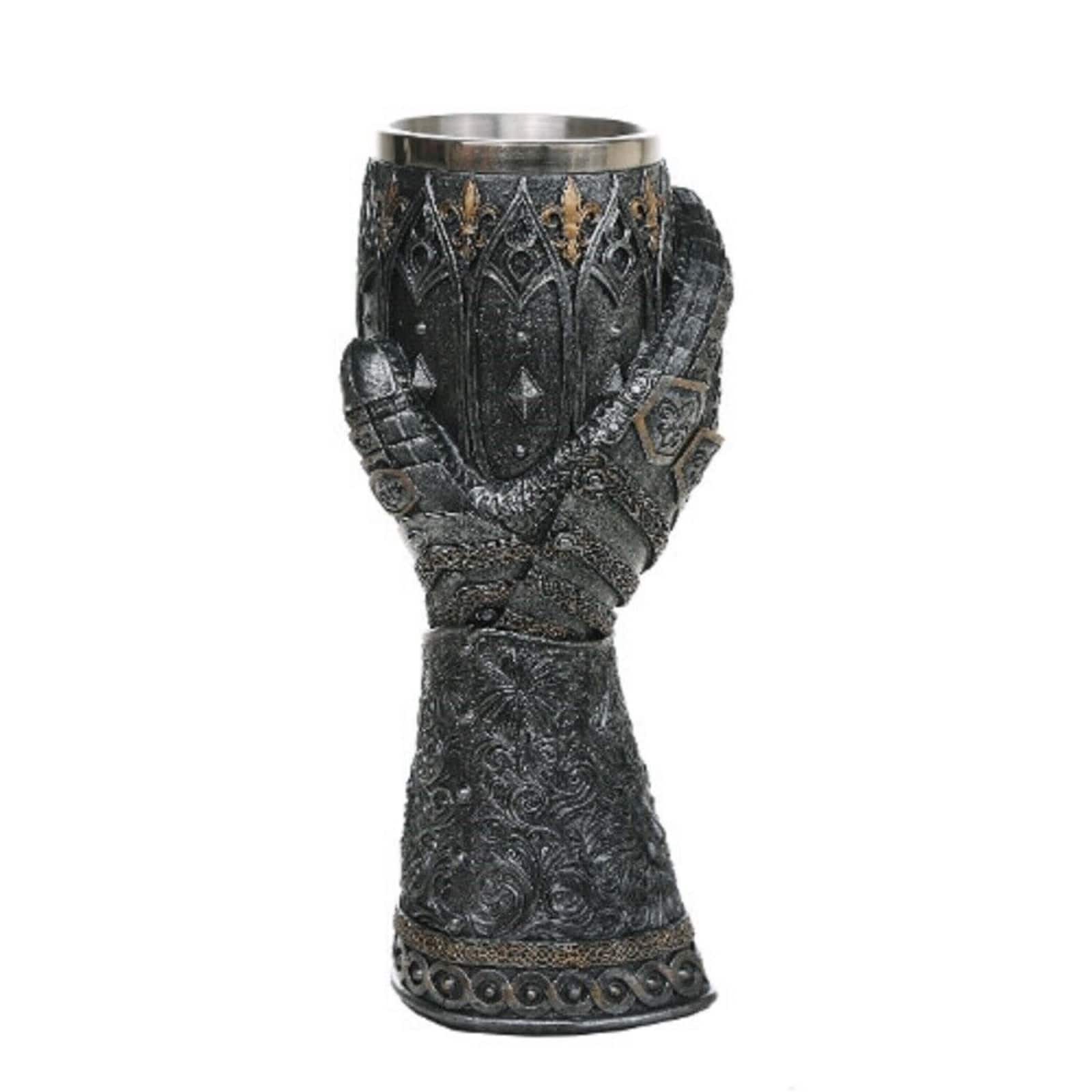Pacific Trading - Medieval Knight Lions Heart Gauntlet Style Wine Goblet Chalice Cup Resin Body Stainless Steel Cup 9 inch - Gray