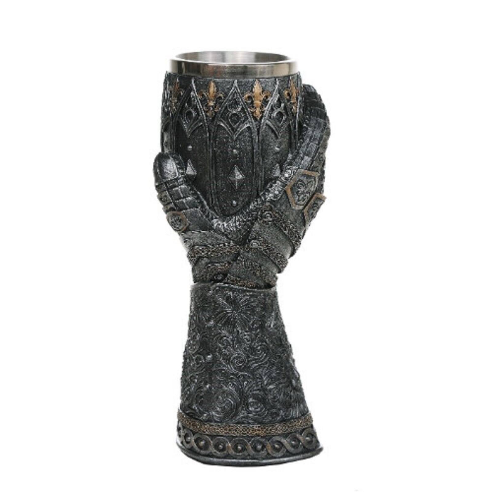 Front. Pacific Trading - Medieval Knight Lions Heart Gauntlet Style Wine Goblet Chalice Cup Resin Body Stainless Steel Cup 9 inch - Gray.