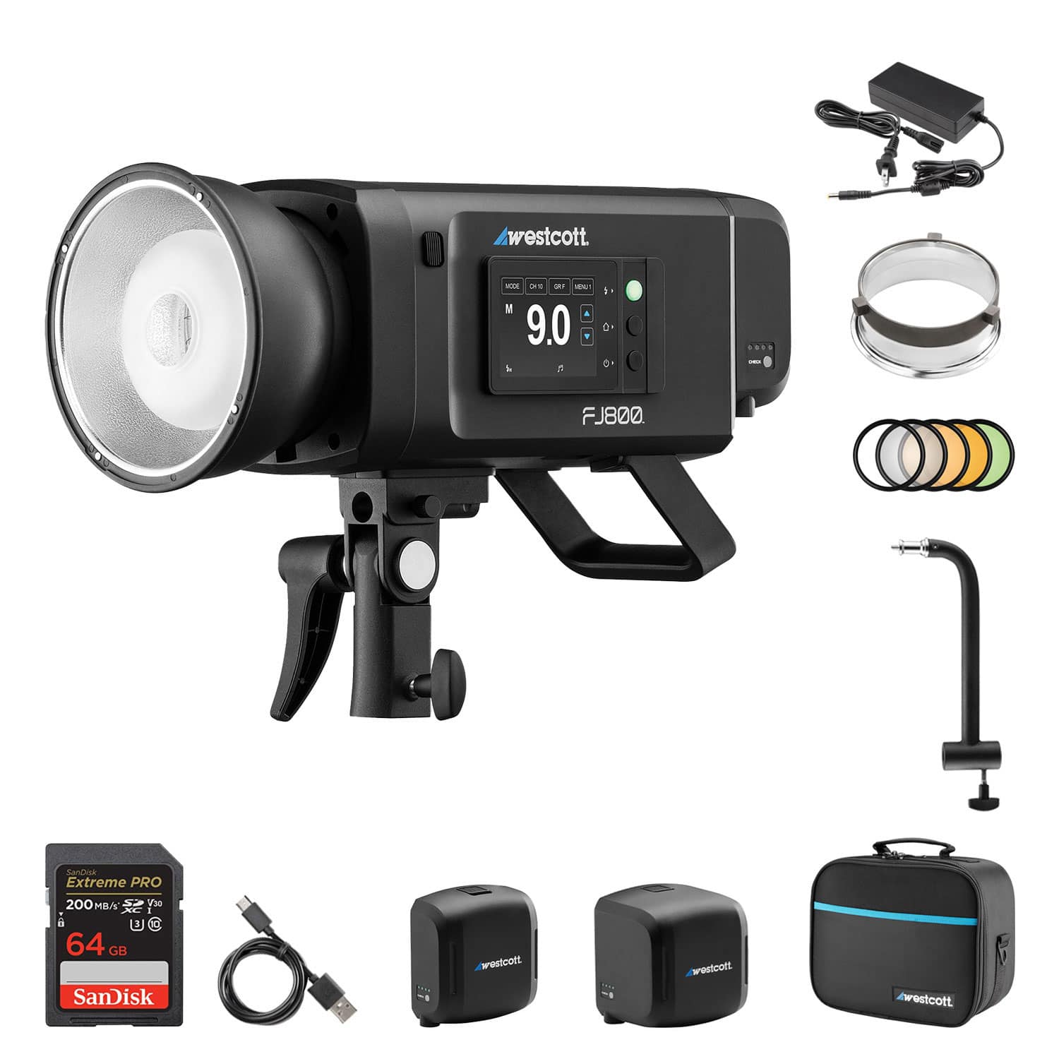 Westcott - FJ800 Power Flashes Touchscreen Strobe +8" Arm +64GB +Battery Bundle - Black