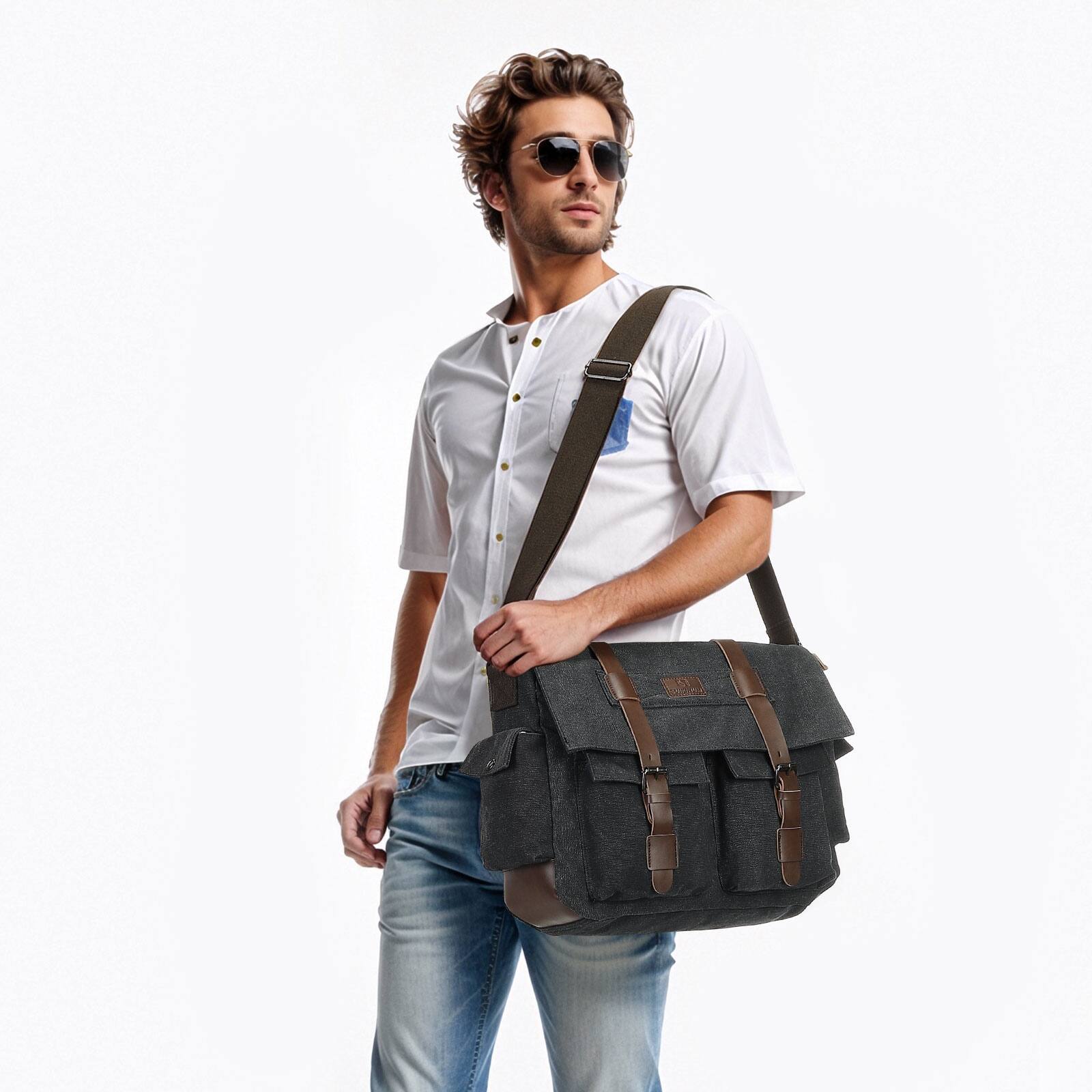 Alt View 6. Unique Bargains - Canvas Crossbody Bag for Men and Women, Vintage Shoulder Bag, Multiple Pockets, Fits 13" Laptops - Black.