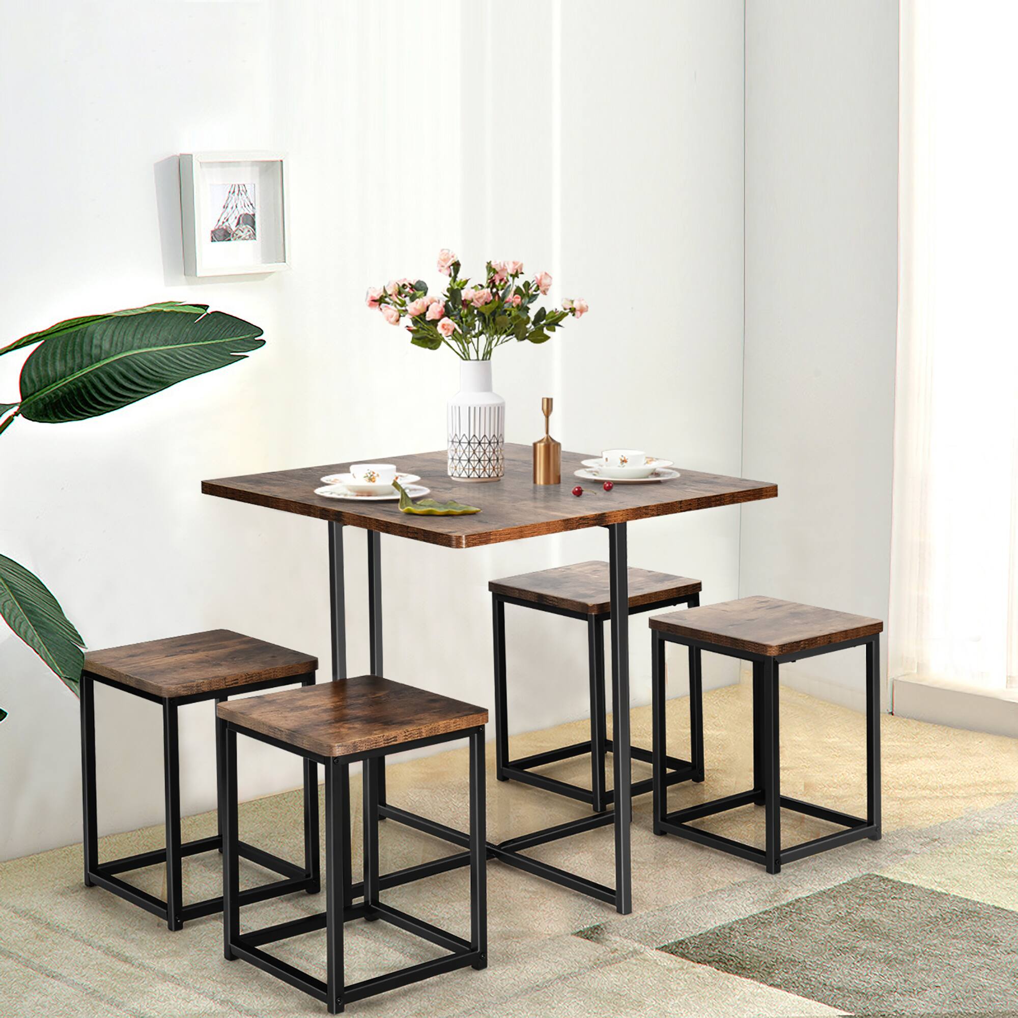 Angle. Costway - 5pcs Dining Set Compact Dining Table and 4 Stools Metal Frame Nature\ Vintage Walnut - Walnut and  Black.