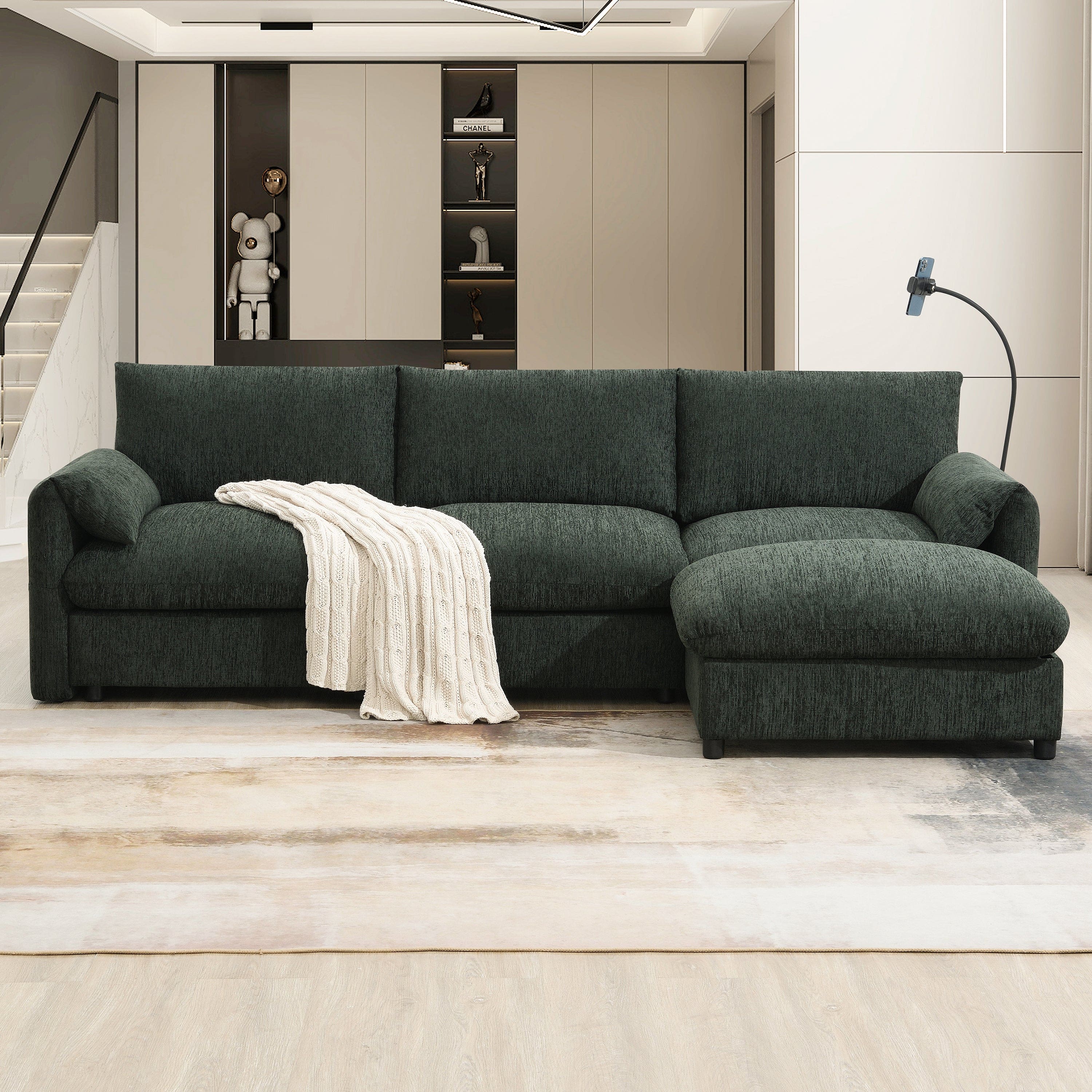 Boyel Living - L-Shaped Sectional Sofa Storage Adjustable Phone Holder Green Chenille 4 Seat - Green