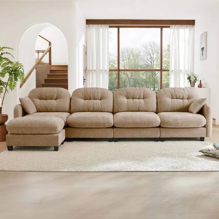 Front. Roomtec - Modular Sectional L Shaped Couch With OttomanSoft Chenille FabricErgonomic DesignQuilted Pleated DesignHigh Quality - Camel.