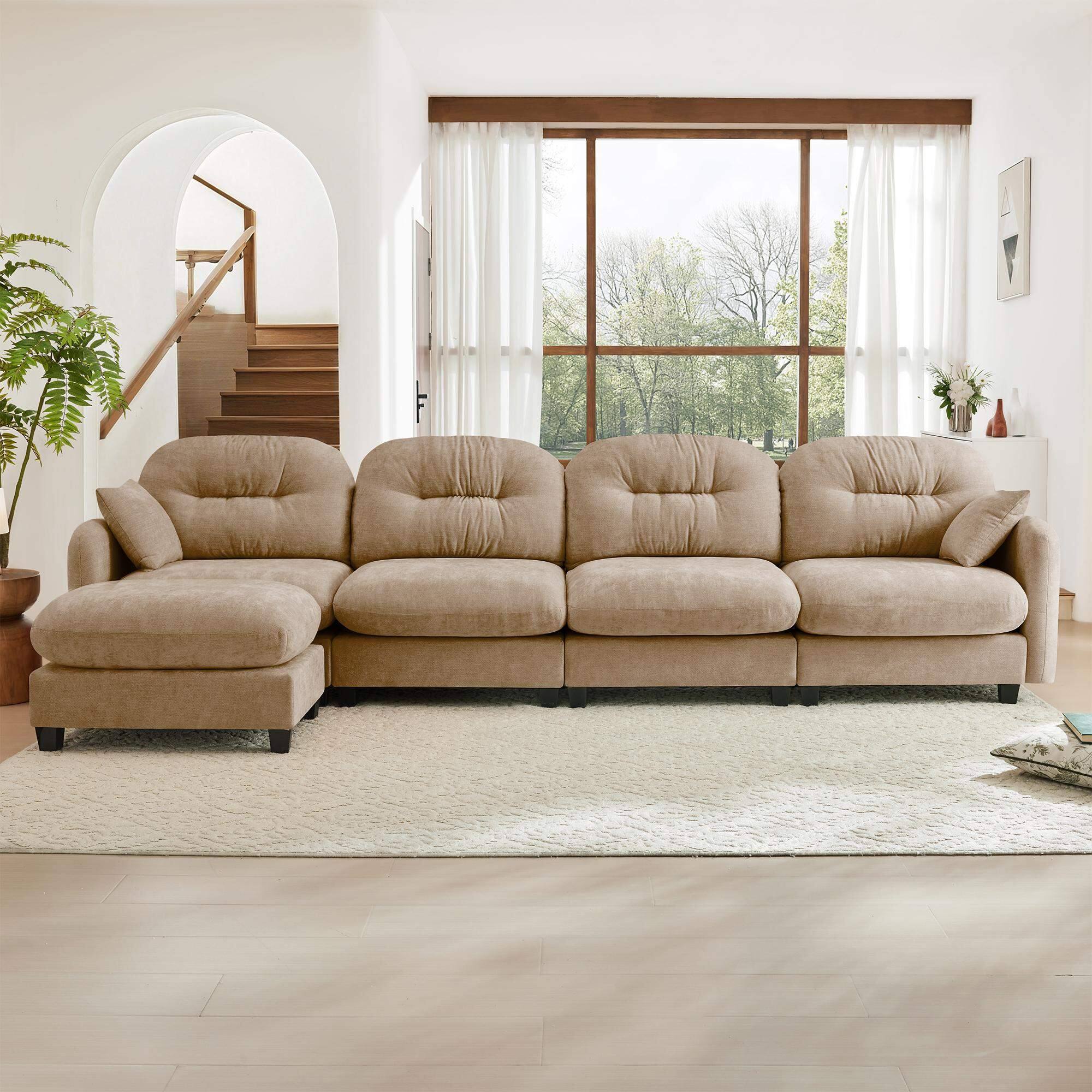 Front. Roomtec - Modular Sectional L Shaped Couch With OttomanSoft Chenille FabricErgonomic DesignQuilted Pleated DesignHigh Quality - Camel.