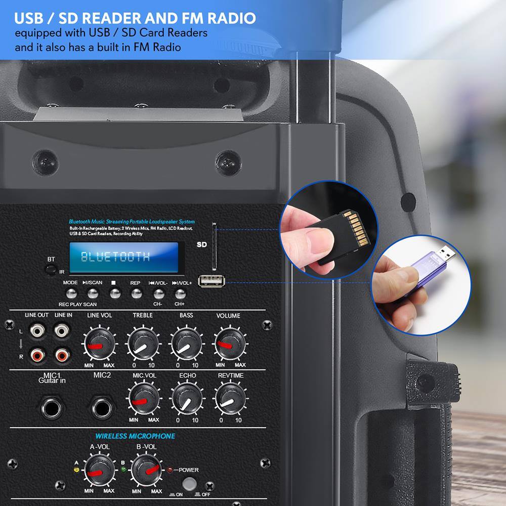 USB / SD READER AND FM RADIO  
equipped with USB / SD Card Readers and it also has a built in FM Radio  

Bluetooth Music Streaming Portable Loudspeaker System  
Built-in Rechargeable Battery, Wireless Mic, FM Radio, LCD Display, USB & SD Card Reader, Recording Ability  

BT  
IR  
MODE  
SCAN  
REP  
MIX/VOL  
MIX/VOL+  

REC PLAY SCAN  
CH-  
CH+  
LINE OUT  
LINE IN  
LINE VOL  
TREBLE  
BASS  
VOLUME  

MIC1 Guitar in  
MIC2  
MIC.VOL  
ECHO  
REVTIME  

WIRELESS MICROPHONE  
A-VOL  
B-VOL  
POWER  

MIN MAX  
MIN MAX  
MIN MAX  
MIN MAX  
MIN MAX  
MIN MAX  
MIN MAX  
MIN MAX  
MIN MAX  
MIN MAX  
MIN MAX  
MIN MAX  
MIN MAX  
MIN MAX  
MIN MAX  
MIN MAX  
MIN MAX  
MIN MAX  
MIN MAX  
MIN MAX  
MIN MAX  
MIN MAX  
MIN MAX  
MIN MAX  
MIN MAX  
MIN MAX  
MIN MAX  
MIN MAX  
MIN MAX  
MIN MAX  
MIN MAX  
MIN MAX  
MIN MAX  
MIN MAX  
MIN MAX  
MIN MAX  
MIN MAX  
MIN MAX  
MIN MAX  
MIN MAX  
MIN MAX  
MIN MAX  
MIN MAX  
MIN MAX  
MIN MAX  
MIN MAX  
MIN MAX  
MIN MAX  
MIN MAX  
MIN MAX  
MIN MAX  
MIN MAX  
MIN MAX  
MIN MAX  
MIN MAX  
MIN MAX  
MIN MAX  
MIN MAX  
MIN MAX  
MIN MAX  
MIN MAX  
MIN MAX  
MIN MAX  
MIN MAX  
MIN MAX  
MIN MAX  
MIN MAX  
MIN MAX  
MIN MAX  
MIN MAX  
MIN MAX  
MIN MAX  
MIN MAX  
MIN MAX  
MIN MAX  
MIN MAX  
MIN MAX  
MIN MAX  
MIN MAX  
MIN MAX  
MIN MAX  
MIN MAX  
MIN MAX  
MIN MAX  
MIN MAX  
MIN MAX  
MIN MAX  
MIN MAX  
MIN MAX  
MIN MAX  
MIN MAX  
MIN MAX  
MIN MAX  
MIN MAX  
MIN MAX  
MIN MAX  
MIN MAX  
MIN MAX  
MIN MAX  
MIN MAX  
MIN MAX  
MIN MAX  
MIN MAX  
MIN MAX  
MIN MAX  
MIN MAX  
MIN MAX  
MIN MAX  
MIN MAX  
MIN MAX  
MIN MAX  
MIN MAX  
MIN MAX  
MIN MAX  
MIN MAX  
MIN MAX  
MIN MAX  
MIN MAX  
MIN MAX  
MIN MAX  
MIN MAX  
MIN MAX  
MIN MAX